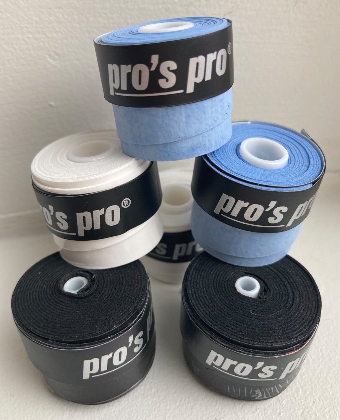 Pro's Pro Super Tacky Plus overgrips in white, blue and black